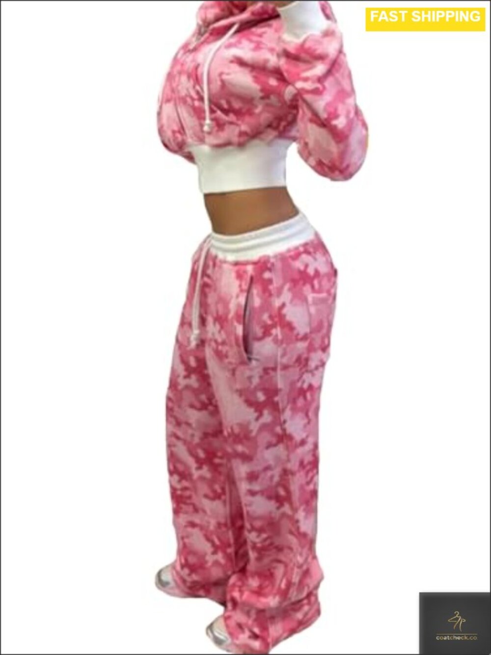 Women's Camo Sweatsuit Set Polyester Spandex Crop Zip Hoodie Wide Leg Sweatpants